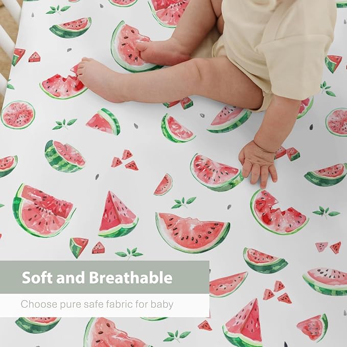 Watermelon Bites Leaves Baby Crib Sheets for Boy Girl 28"x52" Tropical Summer Fruits Soft Stretchy Fitted Crib Mattress Covers Beach Vacation Nursery Baby Sheet for Crib and Toddler Bed Mattresses