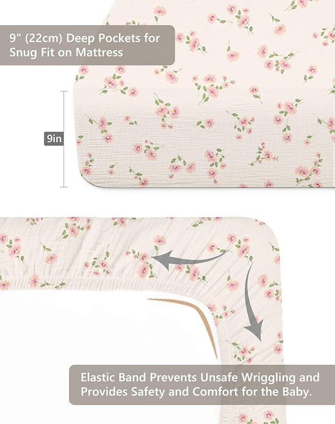 Crib Sheets for Baby Boy Girl 2 Pack, Fitted Crib Mattress Sheet 28" x 52", Muslin Toddler Bedding with Neutral Style, Nursery Bedding Essentials (Rosy)