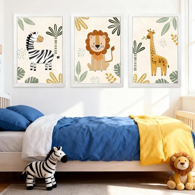 Cute Zebra Lion Giraffe Quote Framed Wall Art Set of 3, 11x16 Boho Educational Animal Wall Sign for Baby Girl Kid Boy Toddlers, Wooden Inspirational Nursery Wall Decor White