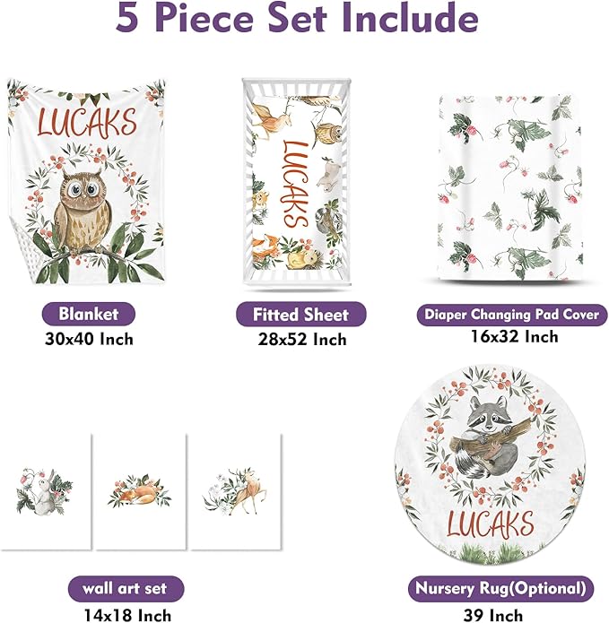 Custom Crib Bedding Set – Personalized Name Owl Baby Bedding 5-Piece Set with Soft Blanket, Fitted Sheet, Changing Pad Cover, Rug and Wall Art – Whimsical Woodland Nursery Decor for Boys Girls