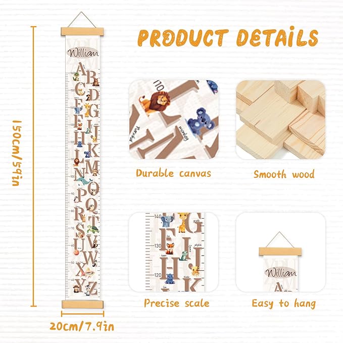 Woodemon Customize Name Growth Chart Wall, Cute Letters Canvas Height Chart for Kids, Height Indicator Tape Ruler Growth Chart Decor, Toddler Room Decoration, Baby Measuring Board