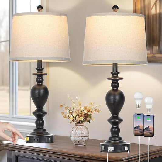 luxeflow 28" Tall Farmhouse Bedside Lamp Set of 2,Black Vintage Bedside Lamps with USB C+A Ports & AC Outlet,3-Way Dimmable Touch Lamp for Night Stands Living Room Bedroom,Black-2