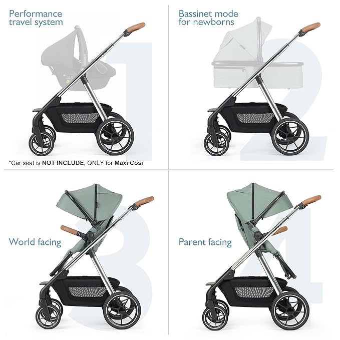 Beberoad Love RX 3-in-1 Baby Stroller, Toddler Stroller, Foldable Infant Stroller, Reversible Toddler Seat with Organizer, Rain Cover, Sunshade & Mosquito 2 in 1 Cover and Large Storage Basket (Green)