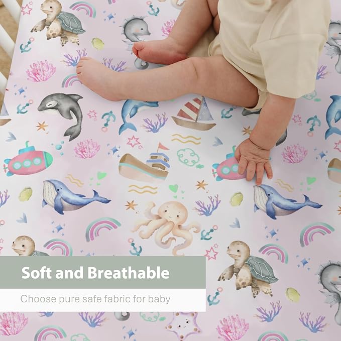 Colorful Ocean Animals Baby Crib Sheets for Boy Girl 52x28Inch Sea Horse Turtle Whale Rainbow Corals Soft Snug Fitted Crib Mattress Cover Marine Life Baby Sheet for Standard Crib & Toddler Mattress
