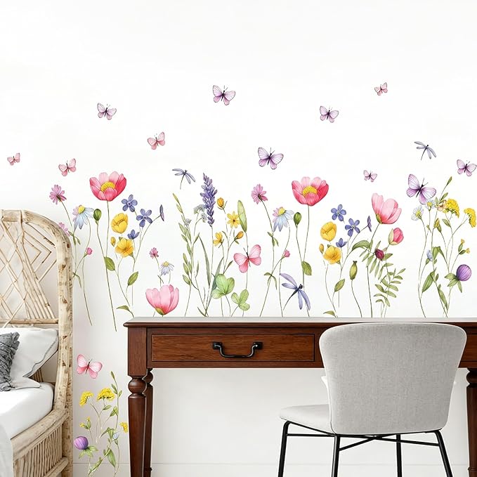 Boho Flower Wall Decals Wildflower Floral Dandelion Grass Wall Stickers Girls Bedroom Baby Nursery Kids Room Wall Decor