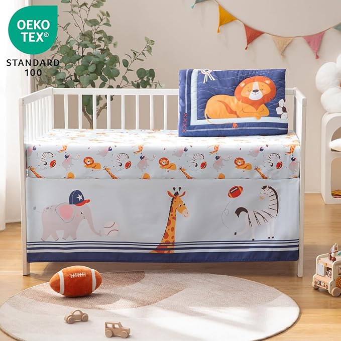 4 Pieces Crib Bedding Set for Baby Boys Girls, Infant Toddler Nursery Baby Bedding Sets Includes Cartoon Quilt, Fitted Crib Sheet, Crib Skirt and Plush Football Toy (MVP)