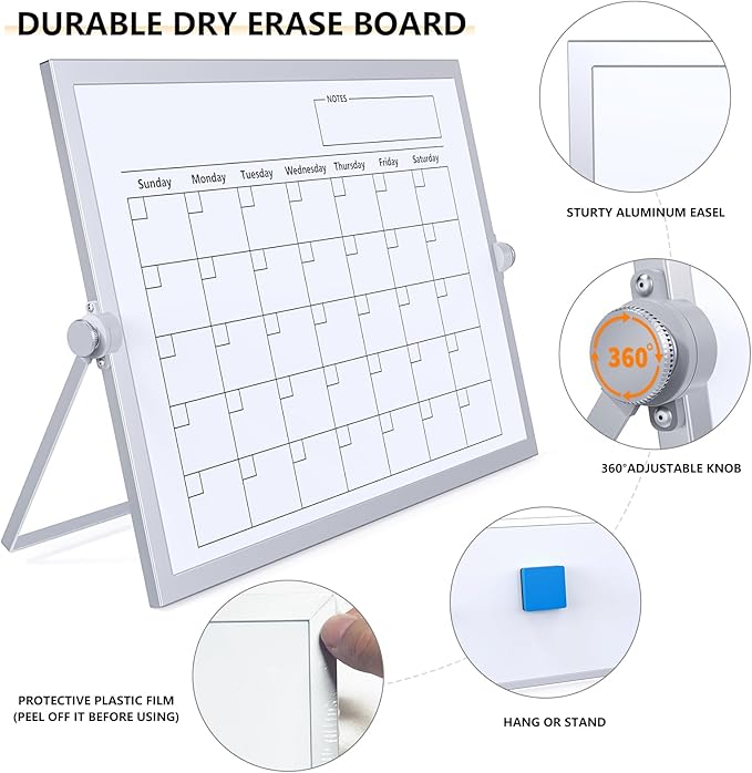 Laokiiy Dry Erase White Board, 16X12IN Magnetic Desktop Whiteboard Calendar with Stand, 8 Markers, 4 Magnets, 1 Eraser, Portable Double-Sided White Board Easel for Kids Memo to Do List Desk