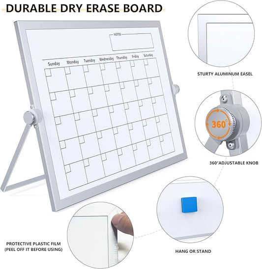 Laokiiy Dry Erase White Board, 16X12IN Magnetic Desktop Whiteboard Calendar with Stand, 8 Markers, 4 Magnets, 1 Eraser, Portable Double-Sided White Board Easel for Kids Memo to Do List Desk