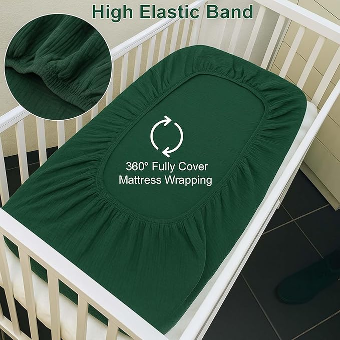 2 Pack Emerald Green Muslin Crib Sheets for Boys & Girl- Neutral Breathable Cotton Crib Mattress Sheets Fitted for Standard 28"x 52"- Nursery Décor No Slip Bed Sheets