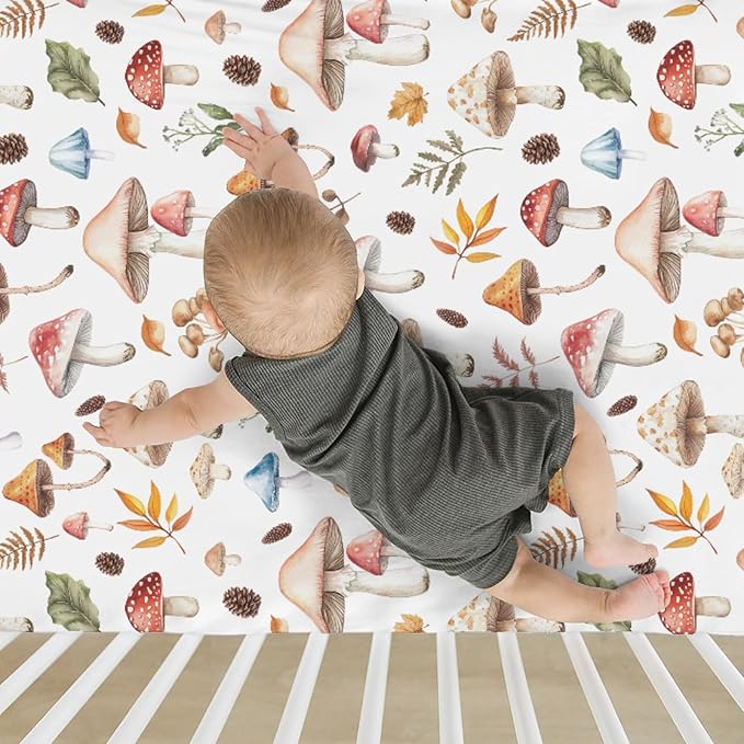 Watercolor Mushrooms Baby Crib Sheets for Boy Girl 52x28Inch Mushrooms Leaves Soft Stretchy Fitted Crib Mattress Cover Autumn Plant Baby Sheet for Standard Crib and Toddler Bed Mattress