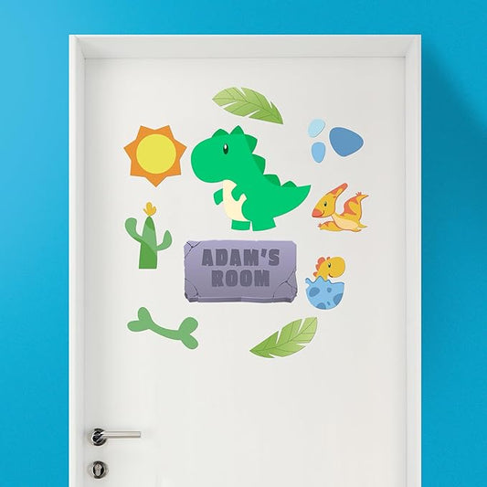EGD Custom Dinosaur Door Decal with Name | Door Decals for Bedroom or Nursery | Personalized Vinyl Wall Decal for Kids Room | Fun Jurassic Theme Wall Stickers for Boys (D. Dinosaur)