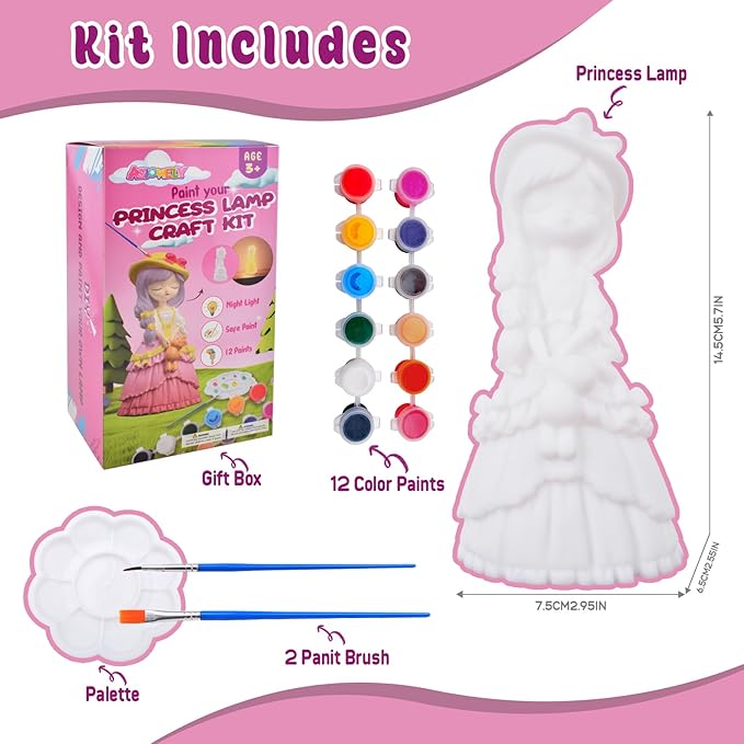 ASIOWELY Paint Your Own Lamp Kits,Arts and Crafts for Girls 8-12,DIY Arts Supplies for Kids Toys Ages 4-6-8,Princess Night Light Painting for Girl 5-10,Birthday Christmas Gifts for 3-12+ Years Old
