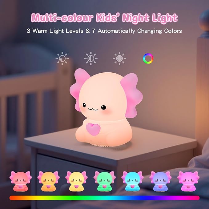 ICARER FAMILY Axolotl Night Light with Sound Machine, Pink Silicone Touch Lamp, Wireless Speaker, Remote Control, Soft Touch, Baby Room Lamp
