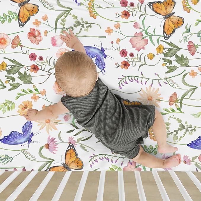Vintage Wildflowers Butterflies Baby Crib Sheets for Boy Girl 52"x28" Colorful Spring Blossoms Soft Snug Fitted Crib Mattress Cover Wild Plant Baby Sheet for Standard Crib and Toddler Bed Mattress