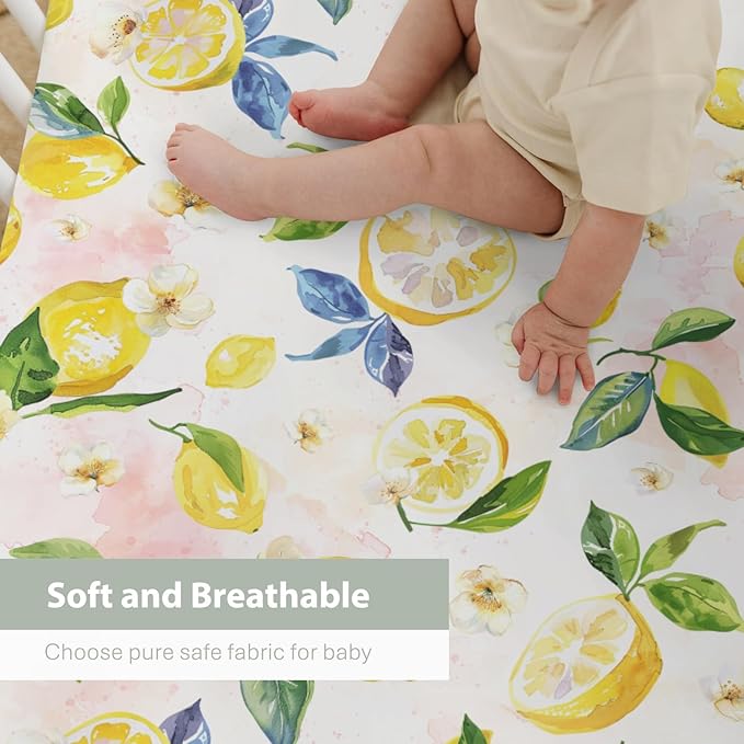 Lemons Baby Crib Sheets for Boy Girl 52x28Inch Lemon Branch Leaves Flowers Soft Stretchy Fitted Crib Mattress Covers Tropical Summer Fruits Baby Sheet for Standard Crib and Toddler Bed Mattress