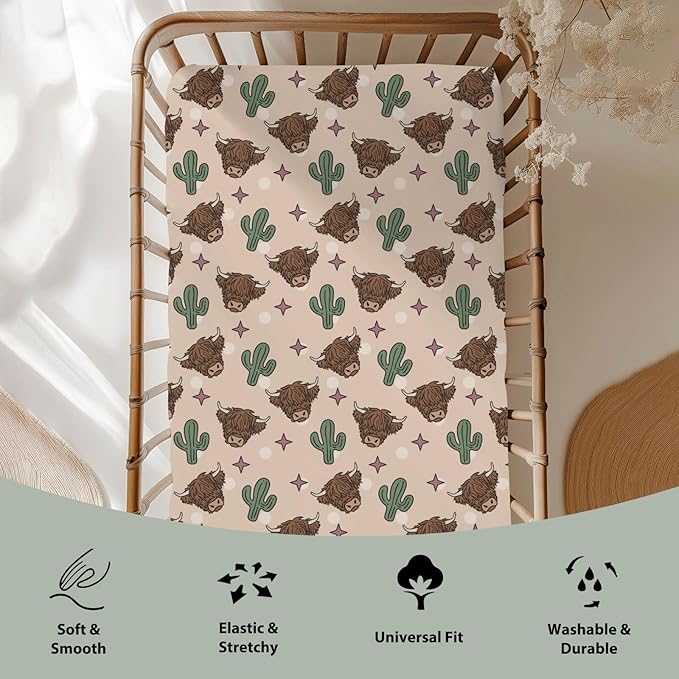 Western Highland Cows Baby Crib Sheets for Boy Girl 52x28Inch Boho Cows Cactus Stars Soft Snug Fitted Crib Mattress Covers Country Farm Animals Baby Sheet for Standard Crib & Toddler Bed Mattress
