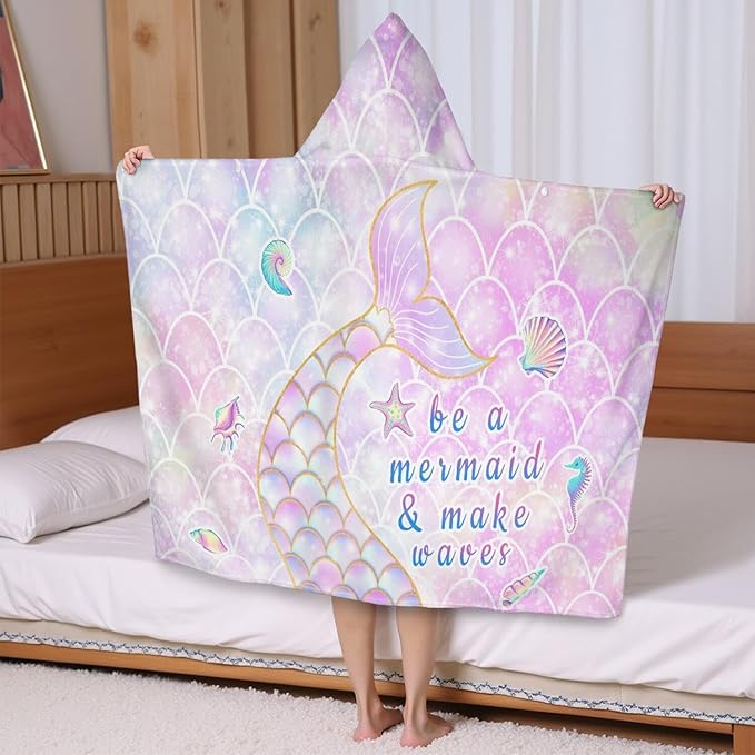 Thickened Hooded Towels for Kids Suitable Girls Boys Kids Bath Towels, 30"x50" Super Absorbent, Mermaid Tail Cute Cartoon Toddler Towels Multi-Purpose for Beach, Pool and Bathroom