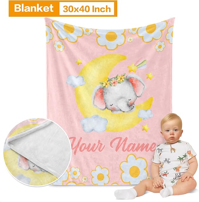 Custom Nursery Crib Bedding Set: Personalized Nursery Decor Baby Blanket Fitted Crib Sheet Changing Pad Cover Baby Room Rug Sleeping Elephant Moon Pattern Gift Idea(Fixed Size)
