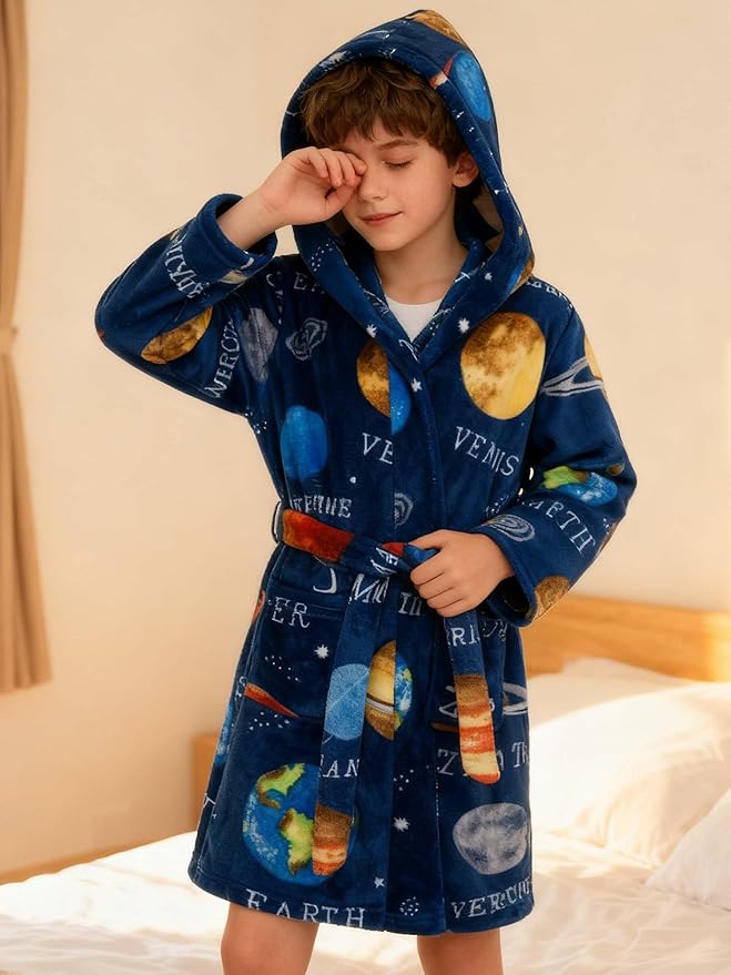 SANGTREE Boys Girls Robe Fleece Hooded Soft Toddler Bathrobe Cute Boys Bathrobe Fuzzy Plush Robes for Kids, 2-12 Years