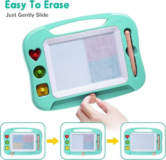SGILE Magnetic Drawing Board for Kids, Toddlers Toys for 1 2 3 4 Year Old, Etch & Sketch Pad with 4 Stamps, Learning and Educational Toys for Boys Girls Gift, 25 x 18 CM (10 × 7 in), Green