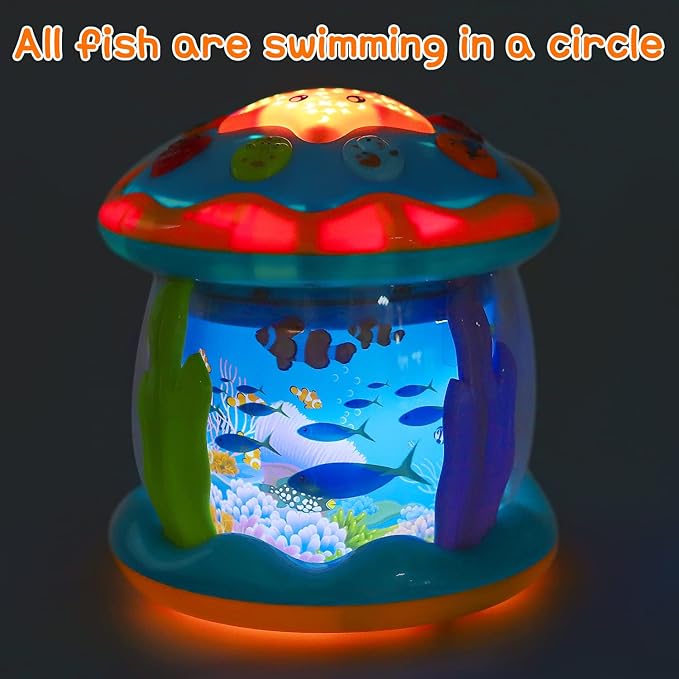 Tsomtto Baby Musical Light Up Tummy Time Toy Ocean Rotating Projector Infant 18 Month Baby Aquarium Learning Crawling Birthday Newborn for 1 2 3 Year Old Boy Girl
