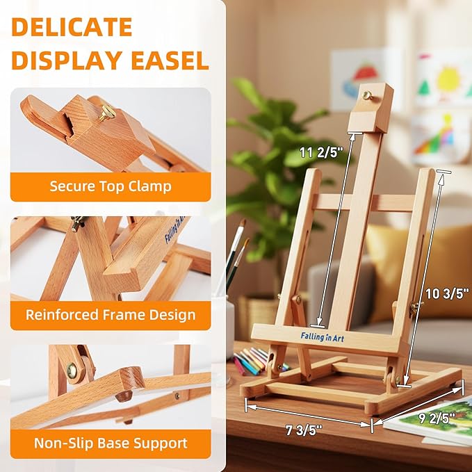 Falling in Art Tabletop Easel Set, Portable Wooden Art Easel Painting Kits for Kids, Easel for Painting Canvases, Including 12 Colors Acrylic Paints, 10 Paintbrushes and 4 Canvas Panels, Yellow