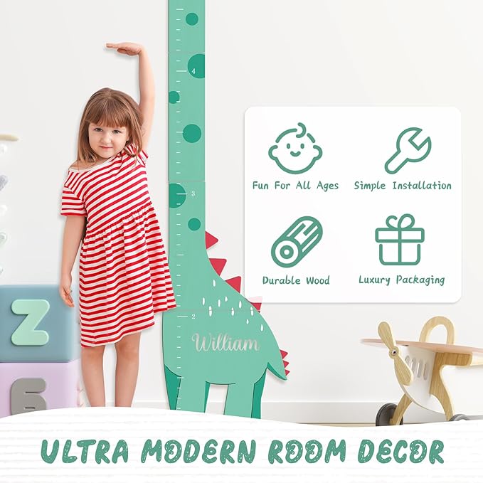 Woodemon Wooden Dinosaur Height Chart – Personalized Name Growth Chart for Kids, Wall Decor 63" x 17.4"