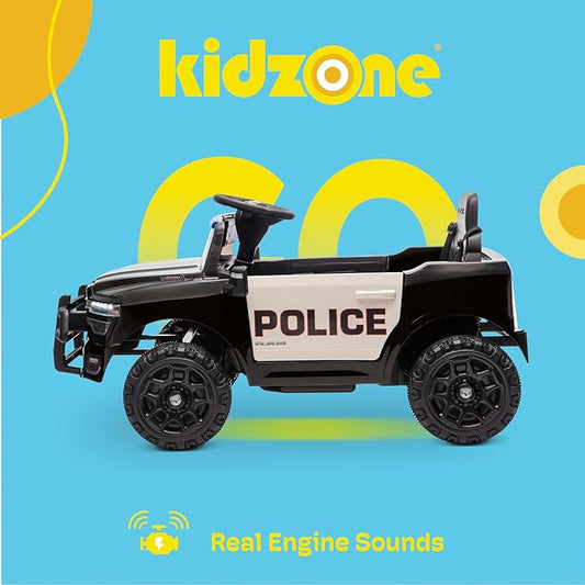 Kidzone 12V Police Ride On Truck, Licensed RAM 3500 Electric Car for Kids w/Remote Control, Bluetooth Music, LED Lights, Open Doors, Police Decals, Battery Powered Toy Vehicle - Black w/Police Design