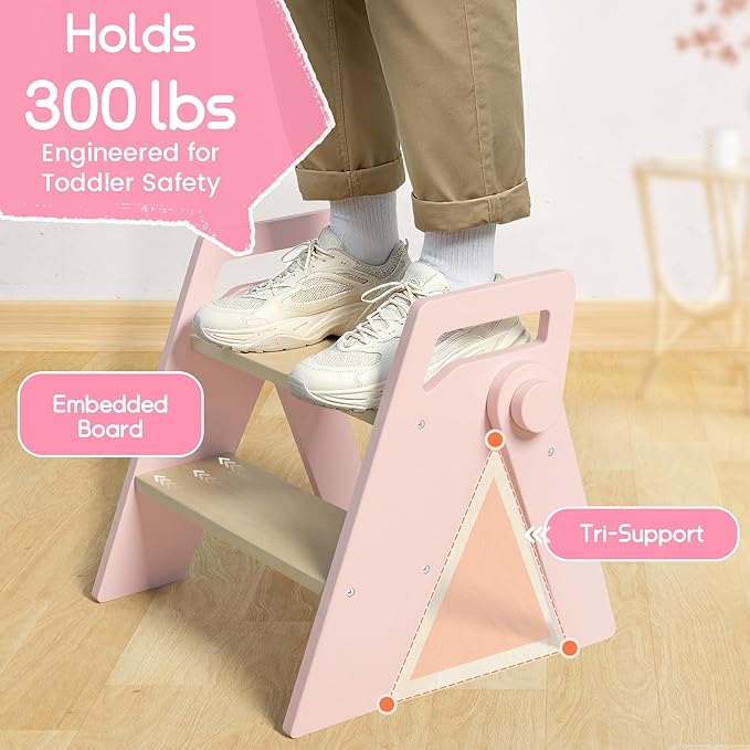 HOMEKOL Toddler Kids Step Stool: Wooden 2 Step Stool for Bathroom Sink, Foldable, Pink
