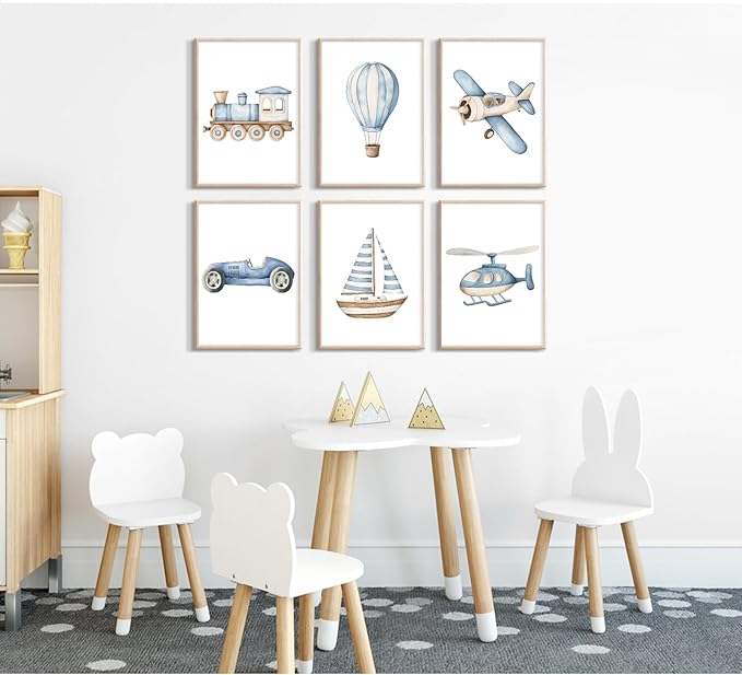 Lhoiplme Baby Boy Nursery Wall Art Transportation Blue Car Canvas Prints Vintage Toddler Vehicle Pictures Decor Hot Air Balloon Airplane Nursery Poster for Kids Boys Room Bedroom 8x10x6 Inch Unframed