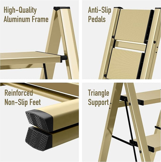 Mayi Plus 3 Step Ladder,Aluminum Folding Step Stool for Adults,Step Ladder with Wide Anti-Slip Pedal,330 lbs Capacity for Home,Office,Kitchen,Library(Gold)