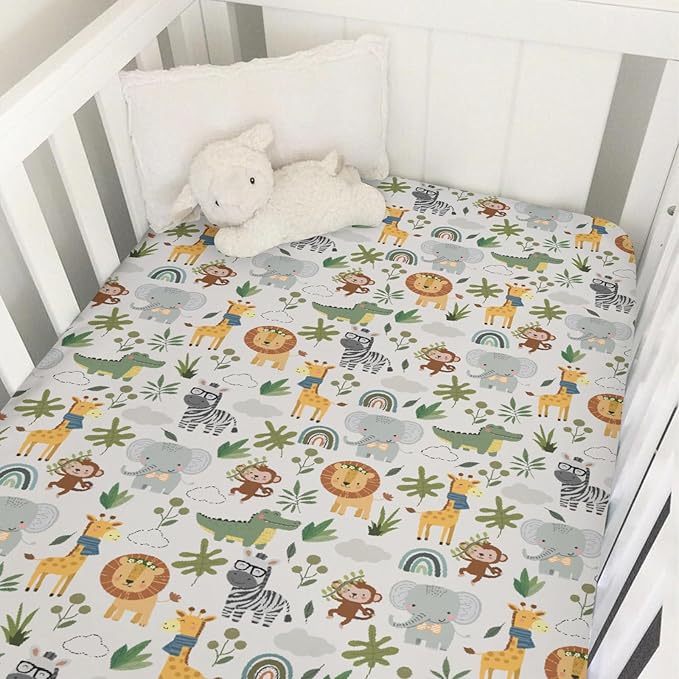 Jungle Safari Animals Baby Crib Sheets for Boy Girl Elephant Lion Zebra Giraffe Leaves Soft Snug Fitted Crib Mattress Covers for 52''x28'' Standard Crib & Toddler Mattress Pad Wild African Bed Sheets