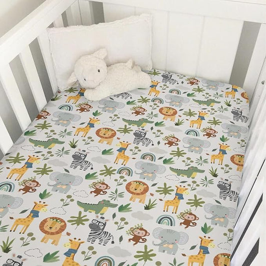 Jungle Safari Animals Baby Crib Sheets for Boy Girl Elephant Lion Zebra Giraffe Leaves Soft Snug Fitted Crib Mattress Covers for 52''x28'' Standard Crib & Toddler Mattress Pad Wild African Bed Sheets