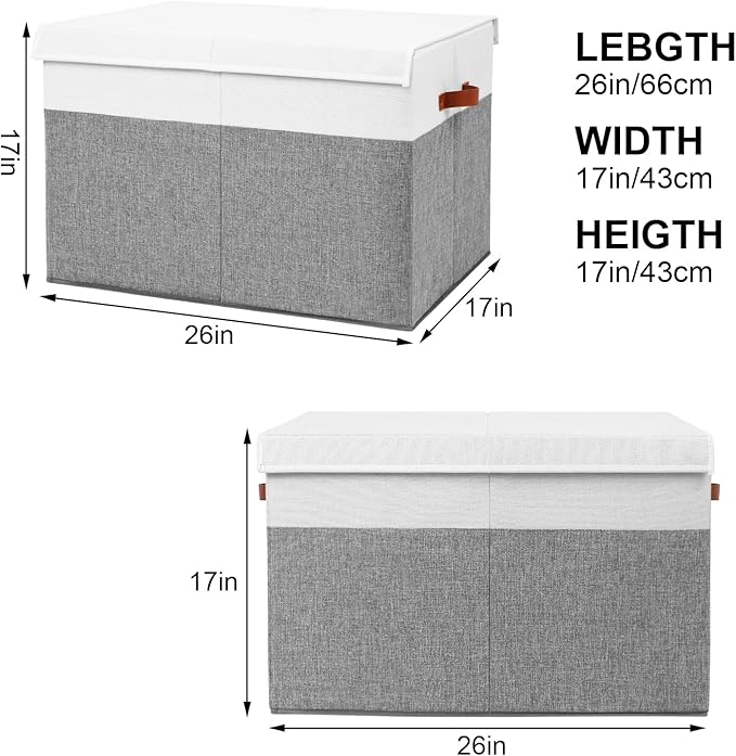 Gowee Large Toy Storage Box with Lid, Sturdy Toys Storage Chest Bin Organizer Basket with Dividers for Kids, Boys, Girls, Nursery, Closet, Bedroom, Playroom 26"x17" x17" (Grey and White)