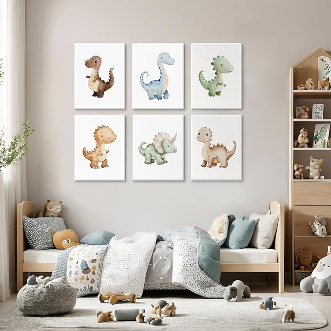 Dinosaur Nursery Wall Art Kids Canvas Poster Baby Boy Nursery Wall Decor Watercolor Dino Prints Toddler Pictures Cute Dinosaur Themed Artwork Painting for Boys Room Bedroom 8x10x6 Inch Ready to Hang