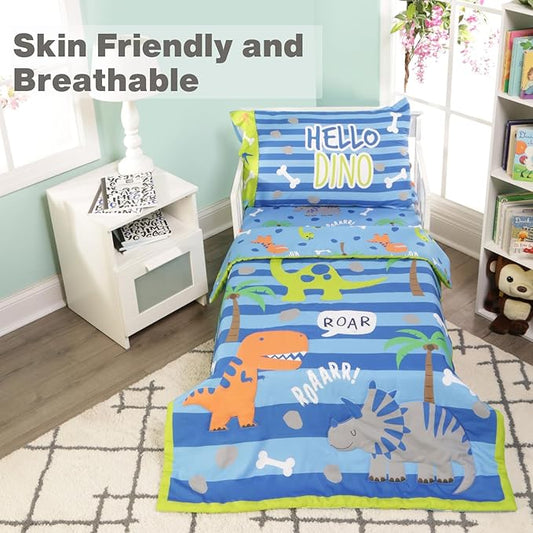 EVERYDAY KIDS 4 Piece Toddler Bedding Set – Roaring Dinosaurs - Includes Comforter, Flat Sheet, Fitted Sheet and Reversible Pillowcase – Boys Toddler Bedding