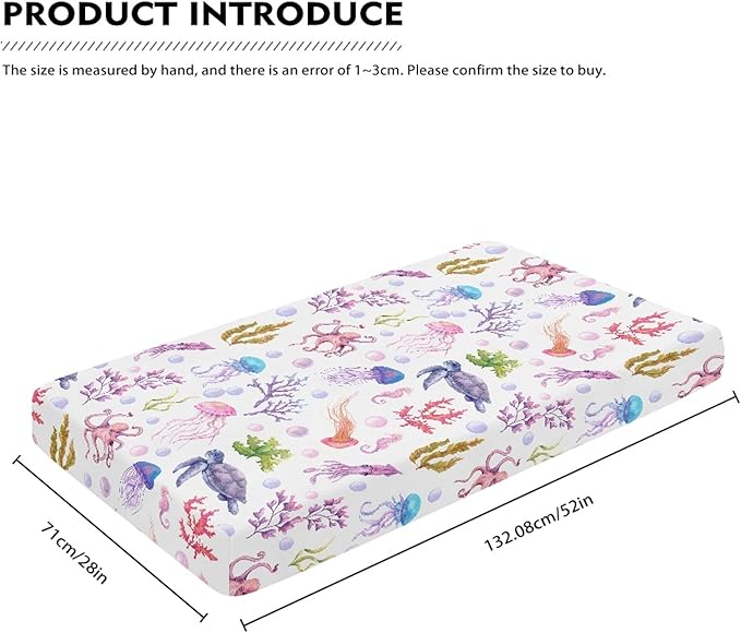 Ocean Purple Fitted Crib Sheet for Boys Girls Turtle Jellyfish Sea Horse Weeds Sea Life Baby Sheet for Standard Crib and Toddler Nursery Bed Mattress Sheets 28"x52"