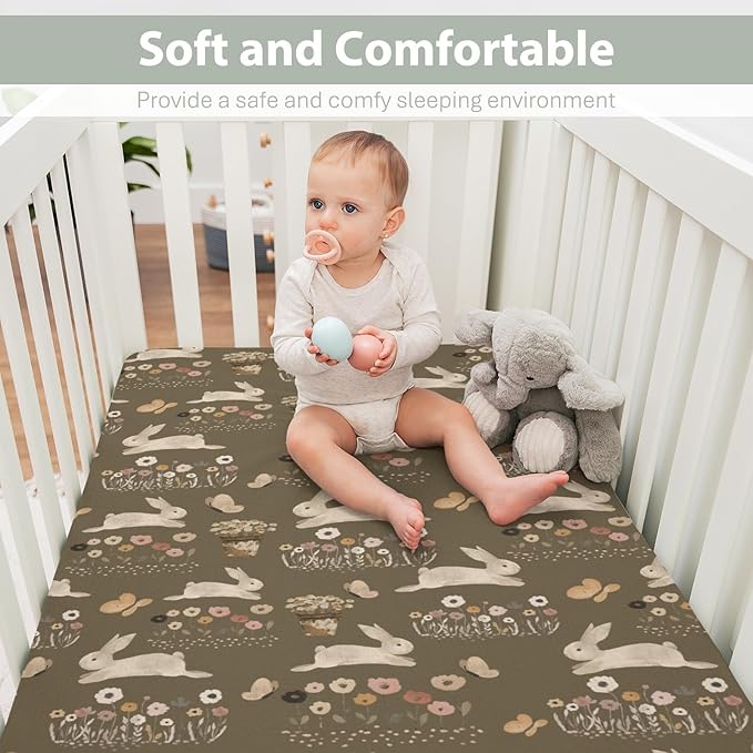 Vintage Hopping Bunnies Baby Crib Sheets for Boy Girl 52x28Inch Retro Rabbits Boho Floral Soft Stretchy Fitted Crib Mattress Cover Spring Easter Baby Sheet for Standard Crib & Toddler Mattresses
