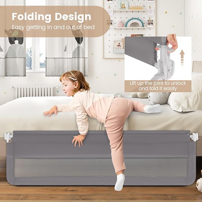 HONEY JOY Bed Rail for Toddlers, 71-in Extra Long, Portable Safety Bed Guardrail w/Double Safety Child Lock, Foldable Baby Bed Rail Guard, Fit King & Queen Full Twin Size Bed Mattress(Gray, Pack 2)