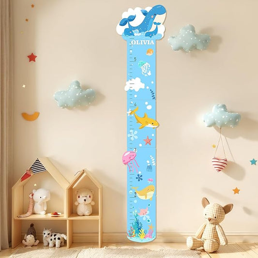 Woodemon Personalized Name Growth Chart, Marine Animals Wooden Growth Chart for Kids, Height Chart for Boys Girls, Measuring Board for Kids Height for Child's Room, Nursery Decor Decoration