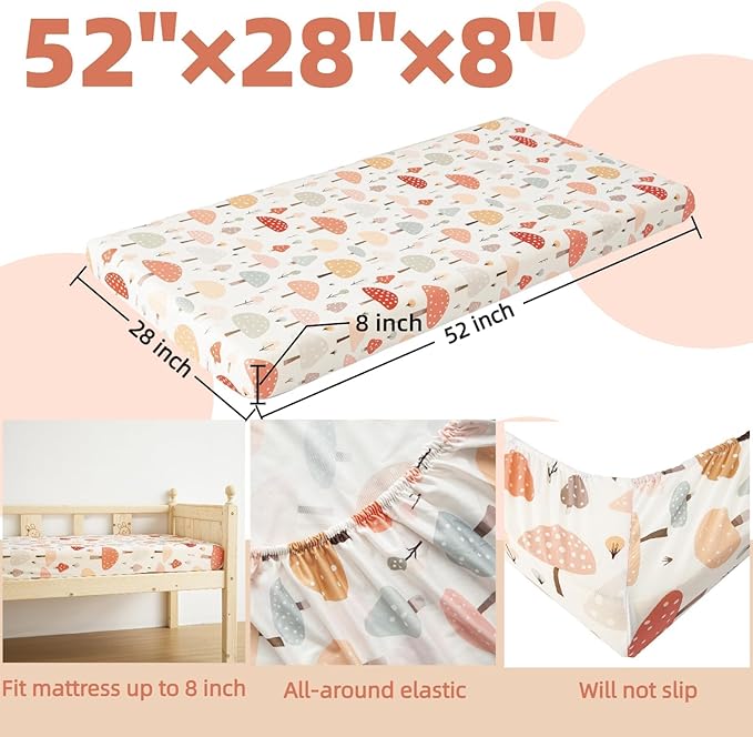 SDIII 2 Pack Mushroom Crib Sheets for Boys Girls 52×28 Stretchy Microfiber Jersey Knit Soft Fall Crib Sheets for Standard Crib and Toddler Mattress