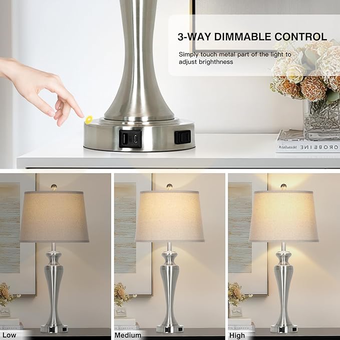 LUXEFLOW 30" Silver Table Lamps Set of 2, 3-Way Dimmable Touch Living Room Lamp with USB A+C Ports and AC Outlet, Modern Brushed Nickel Bedroom Lamps, Tall Metal Bedside Lamp for Nightstand Side Table