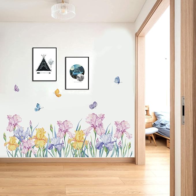 Runtoo Flower Butterfly Wall Decals Iris Floral Garden Wall Art Stickers Girls Bedroom Living Room Kids Nursery Wall Decor