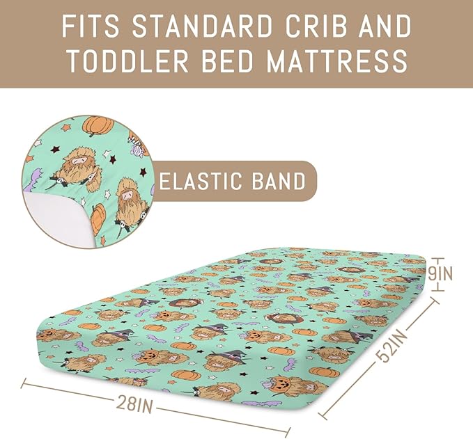 Highland Cow Halloween Baby Crib Sheets for Boy Girl Western Cowboy Fall Pumpkin Bats Soft Snug Fitted Crib Mattress Covers for 52''x28'' Standard Crib & Toddler Mattress Spooky Farm Animal Bed Sheet