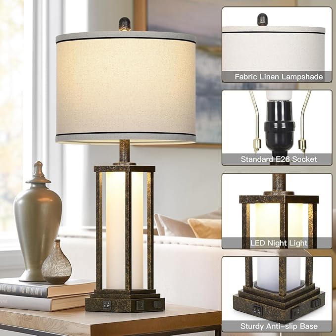 Cinkeda 27" Tall Vintage Table Lamp with USB C+A & Outlet,Bronze Industrial End Table Lamp for Living Room,Farmhouse Rustic Bedside Lamp with Frosted Glass Night Light for Bedroom Nightstand,Bronze-1P