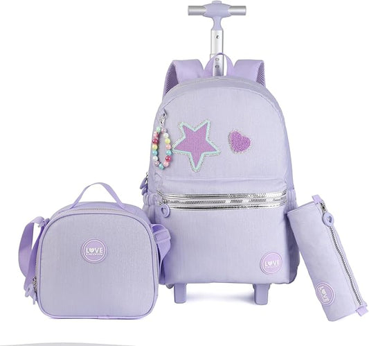 kingdisen Adult extra Large Kids Rolling Backpack with Lunch Box 3pc Set (STAR HEART PURPLE)