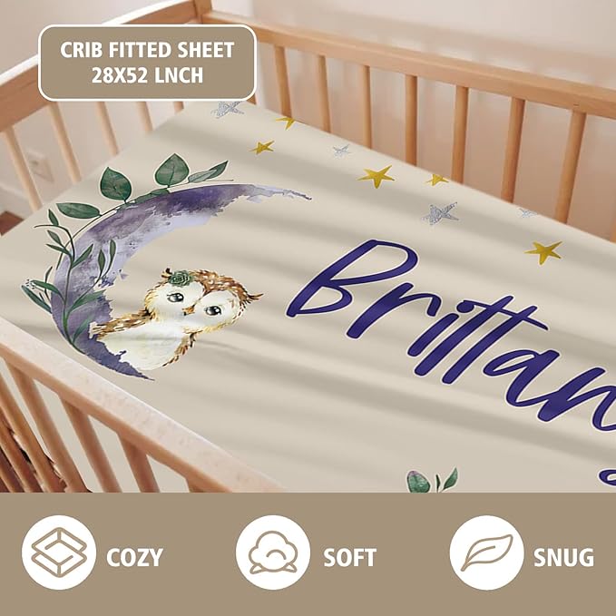 Custom Name Crib Bedding Set 3-Piece – Purple Owl Design Baby Bedding Set with Personalized Soft Blanket, Fitted Sheet, Changing Pad Cover – Ideal Newborn Gift for Boys and Girls