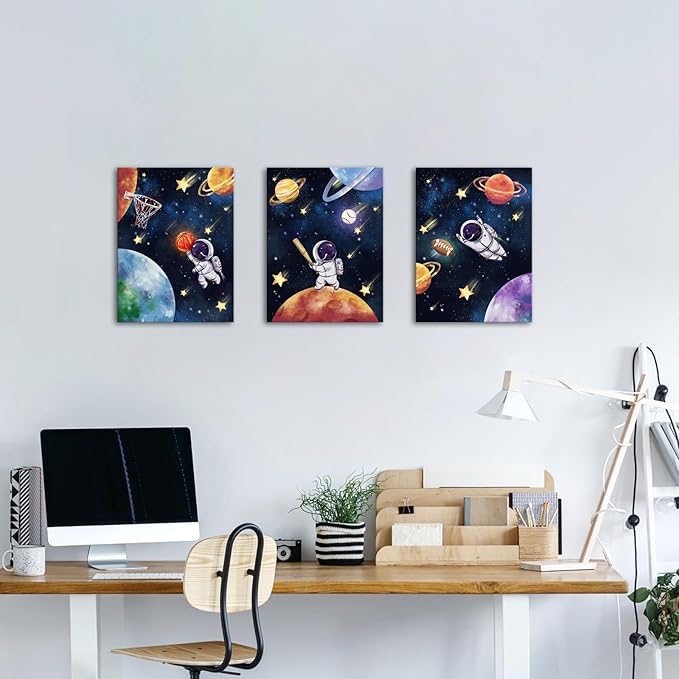Biuteawal 3 Panels Space Wall Art Cute Astronaut Play Basketball Football Baseball Sports Picture Universe Theme Canvas Painting Funny Art Boys Girls Kids Bedroom Nursery Room Decor