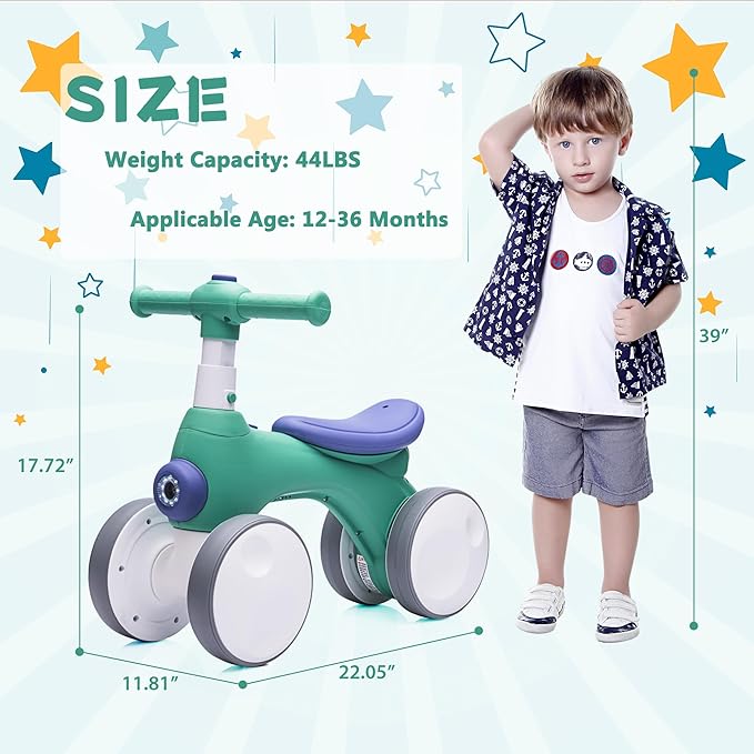 Baby Balance Bike 1 Year Old with Music, Lights, Bubble Machine, 4 Wheels Pedal-Less Toddler Ride on Toys for 12-36 Months Birthday Gift, Toddler boy Toys Ride on car （Dark Green&Blue）