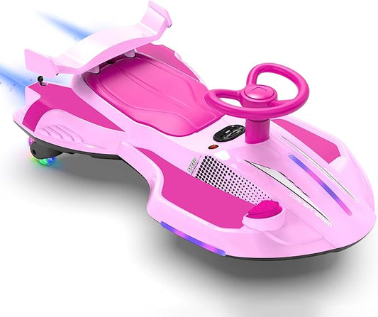 12V Electric Wiggle Car with Pedal for Kids, Rechargeable 2 in 1 Swing Car, Drifting Ride On Toys with Backrest, Anti-Rollover, Spray, Flashing Light, Music, for Ages 3 and Up (Pink)